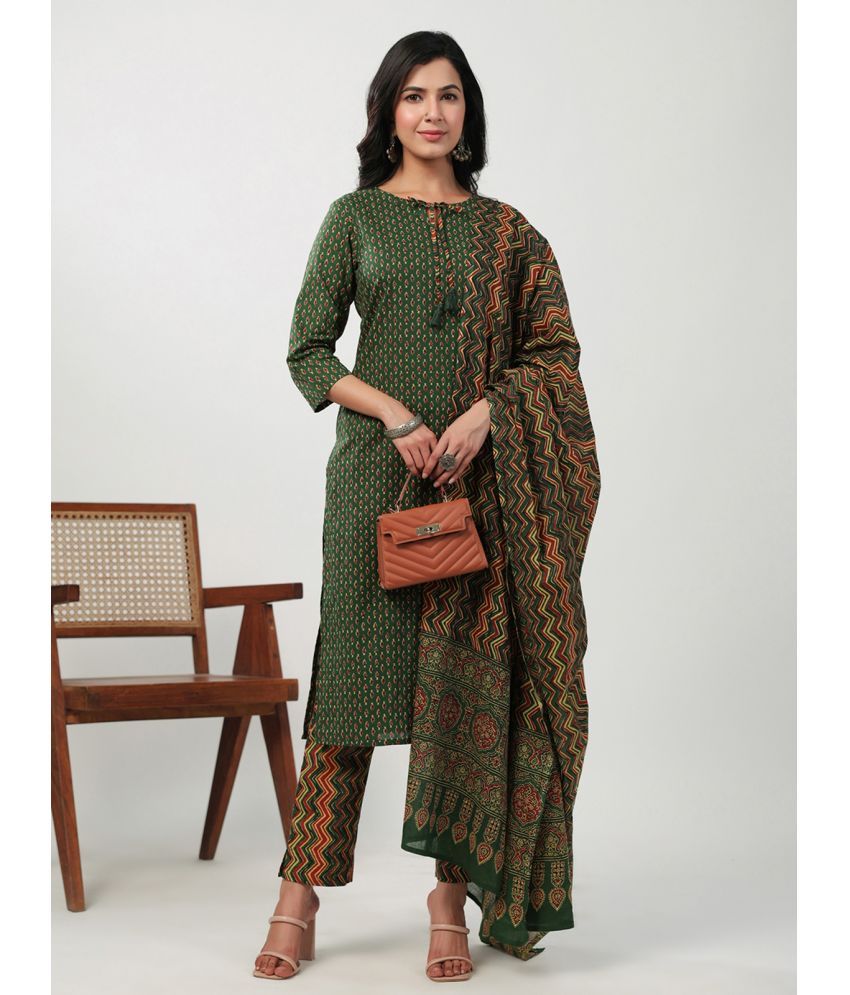     			Janasya Cotton Printed Kurti With Pants Women's Stitched Salwar Suit - Green ( Pack of 1 )