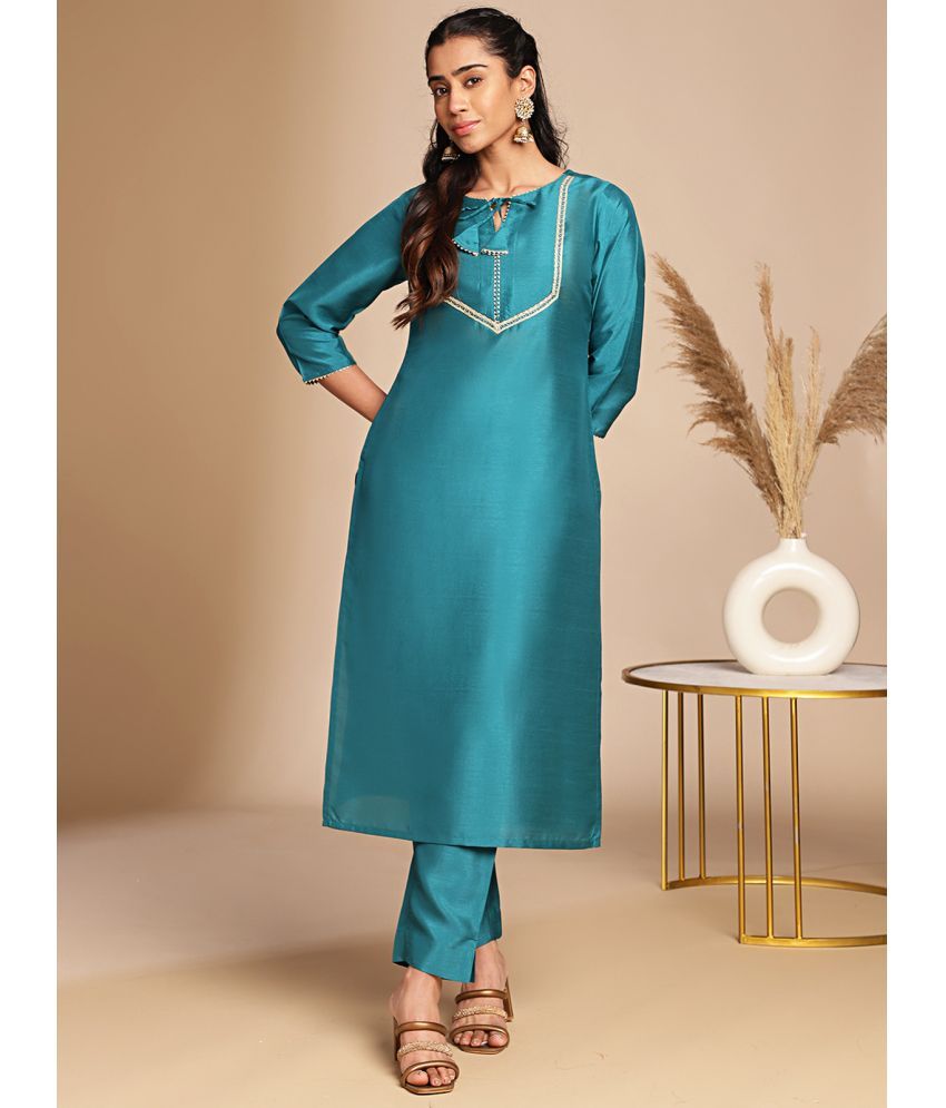     			Janasya Crepe Embellished Kurti With Pants Women's Stitched Salwar Suit - Teal ( Pack of 1 )