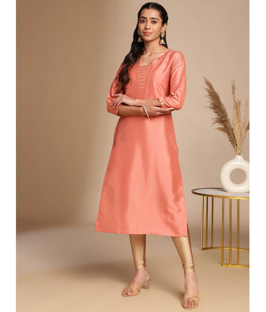     			Janasya Silk Blend Solid Straight Women's Kurti - Peach ( Pack of 1 )