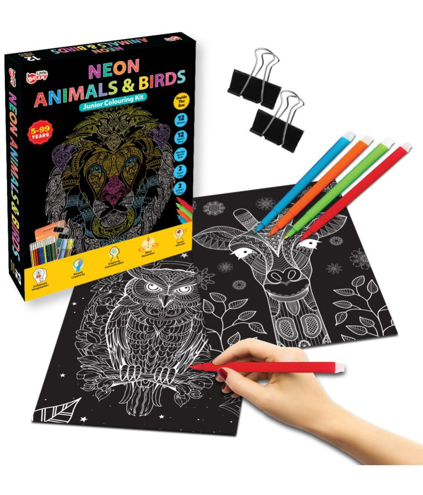     			Junior Neon Animals & Birds Junior Art Colouring Kit for Adults & Kids (5-99 Years) - Art & Craft Kit for Girls - Mandala Kit for Girls Art & Craft Set for Kids Colouring Kit with 12 Unique Designs, Sketch Pens, Glitter Tubes Gifting, Mind Relaxation Kit