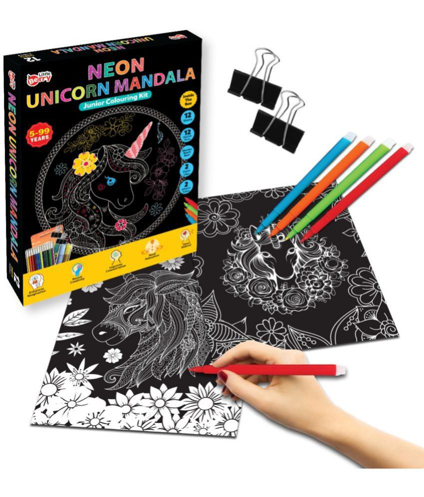    			Junior Neon Unicorn Mandala Art Colouring Kit for Adults & Kids (5-99 Years) - Art & Craft Kit for Girls - Mandala Kit for Girls - Art & Craft Set for Kids - Colouring Kit with 12 Unique Designs, Sketch Pens, Glitter Tubes - Gifting, Mind Relaxation Kit