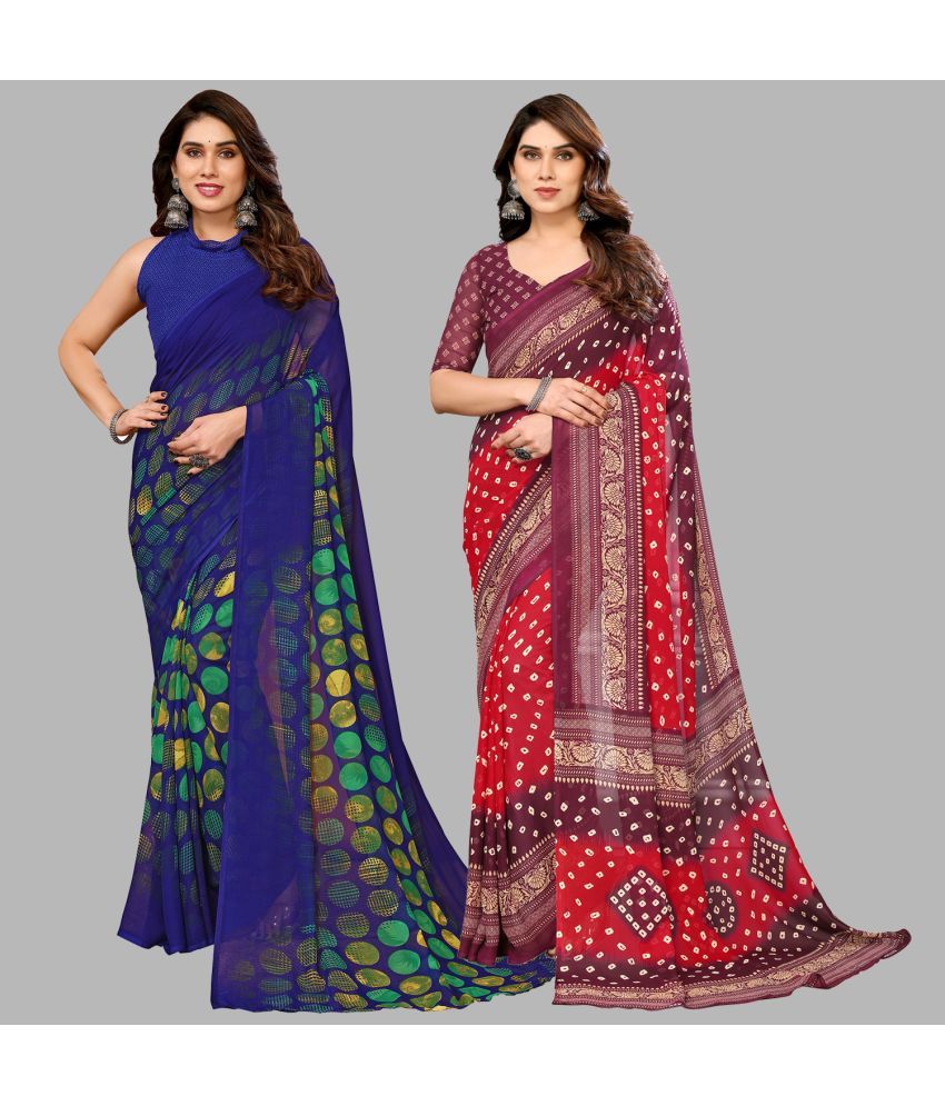     			Kashvi Sarees Georgette Printed Saree With Blouse Piece - Multicolour ( Pack of 2 )