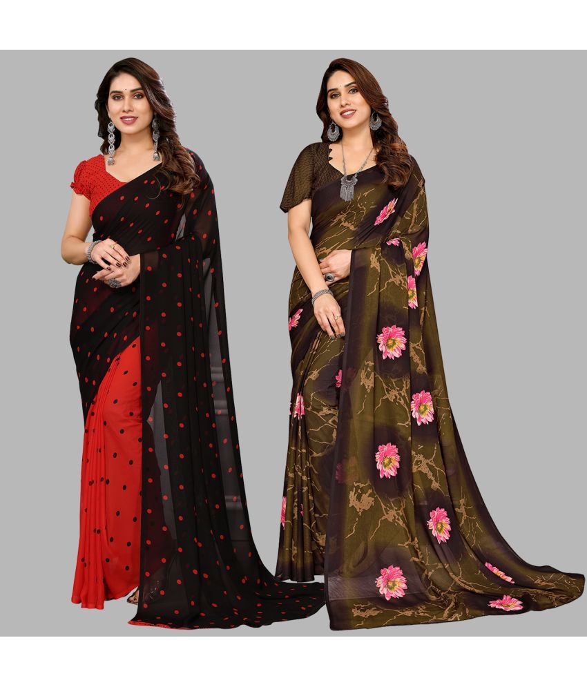     			Kashvi Sarees Georgette Printed Saree With Blouse Piece - Multicolour ( Pack of 2 )