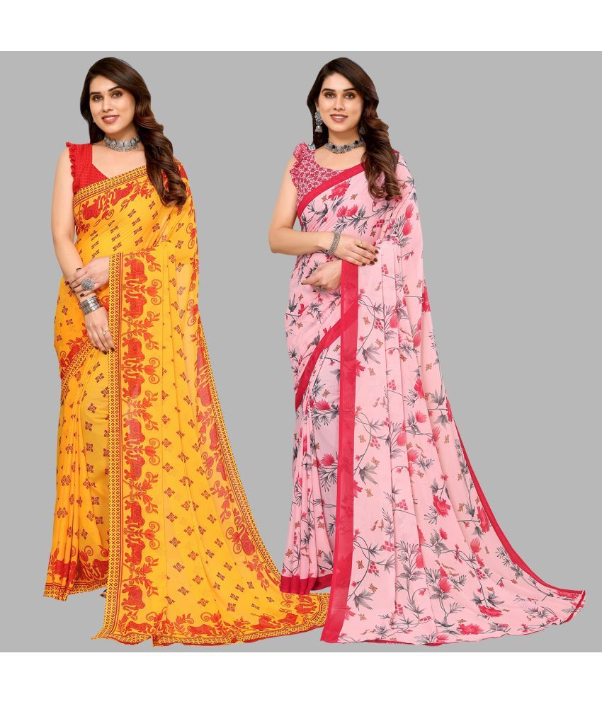     			Kashvi Sarees Georgette Printed Saree With Blouse Piece - Multicolour ( Pack of 2 )