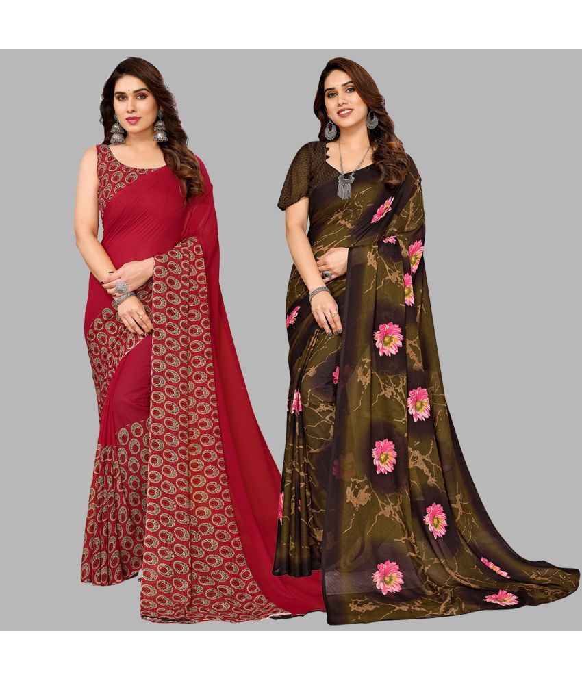     			Kashvi Sarees Georgette Printed Saree With Blouse Piece - Multicolour ( Pack of 2 )