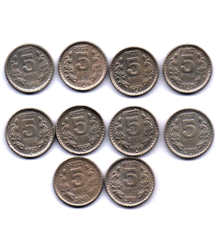     			RAJACOINS – 5  /  FIVE  RS / RUPEE  USED COPPER NICKEL HYDERABAD 1992 TO 2003 VERY   RARE (10 PCS)  COMMEMORATIVE COLLECTIBLE-  USED GOOD CONDITIN