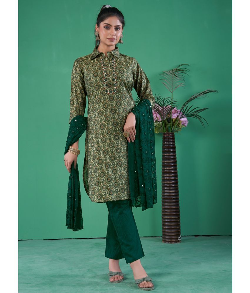     			Style Samsara Cotton Silk Printed Kurti With Pants Women's Stitched Salwar Suit - Green ( Pack of 1 )