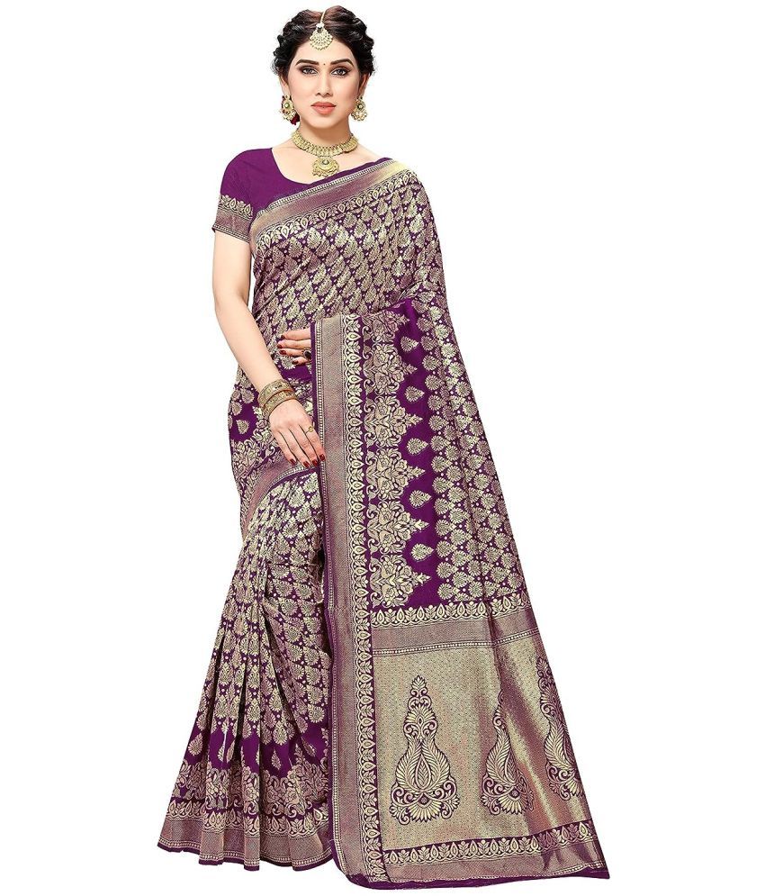     			Yashika Banarasi Silk Printed Saree With Blouse Piece - PURPLE ( Pack of 1 )