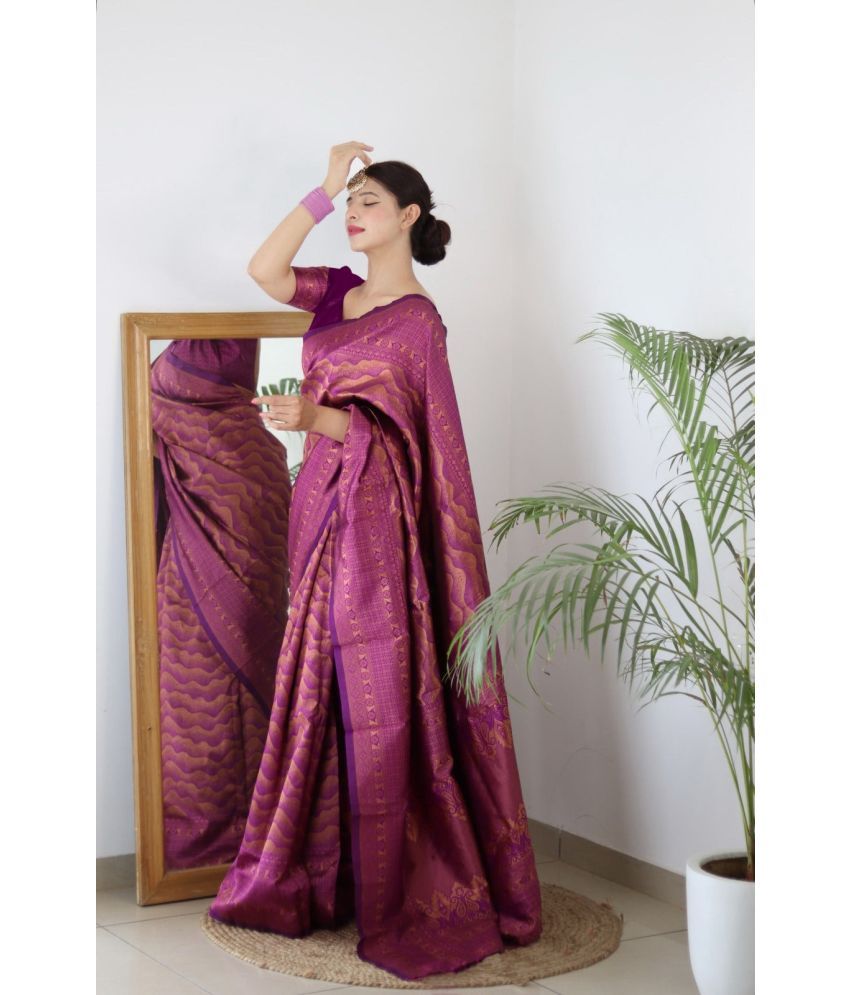     			Yashika Banarasi Silk Printed Saree With Blouse Piece - PURPLE ( Pack of 1 )