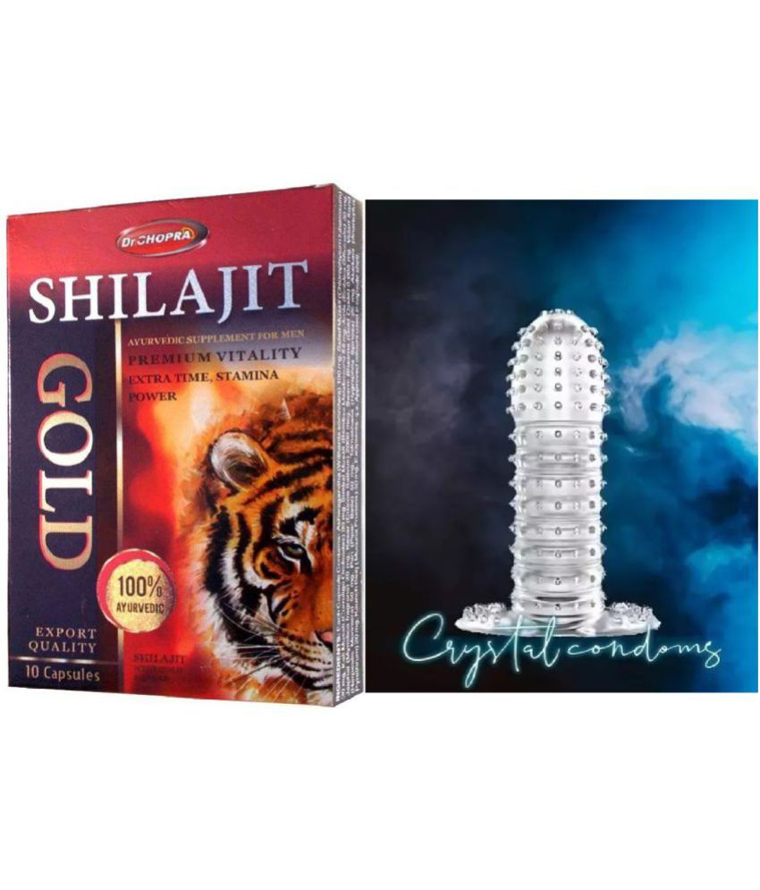     			Ayurvedic Shilajit 10 Capsules And Ultra Thin Climax Delay Lubricated Crystale C0nd0m Combo Pack For Men