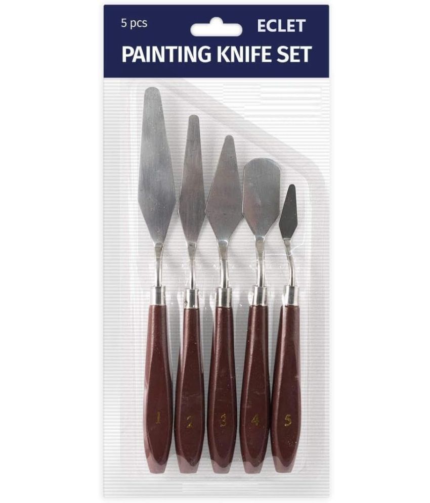     			ECLET Palette Painting Knives - Set of 5 Various Sizes & Shapes, Stainless Steel Scraper Spatula with Polished Brown Handle for Artist Canvas Oil Paint Mixing Colour(C)