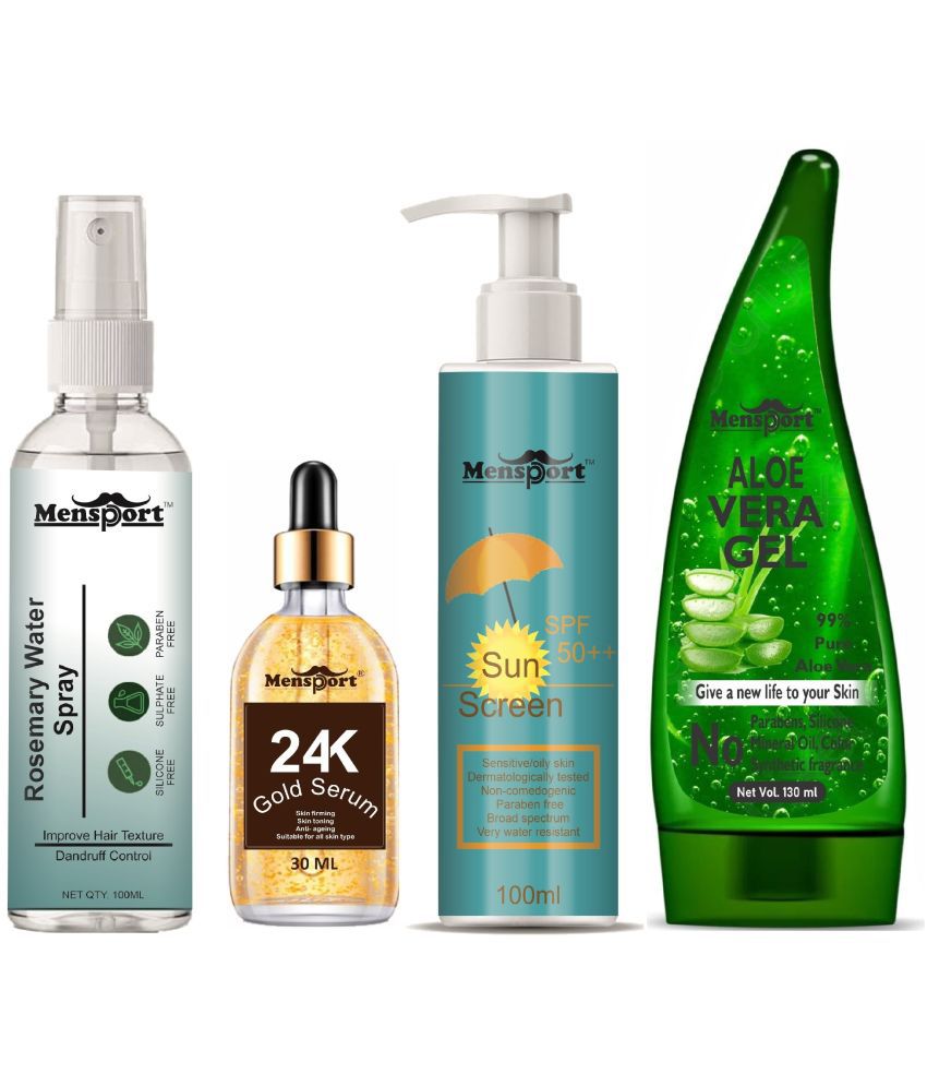     			Mensport Rosemary Water | Hair Spray For Hair Regrowth 100ml, 24K Gold Serum for Anti Ageing 30ml, SPF 50++ Sunscreen 100ml & Natural Aloe Vera Gel 130ml - Set of 4 Items