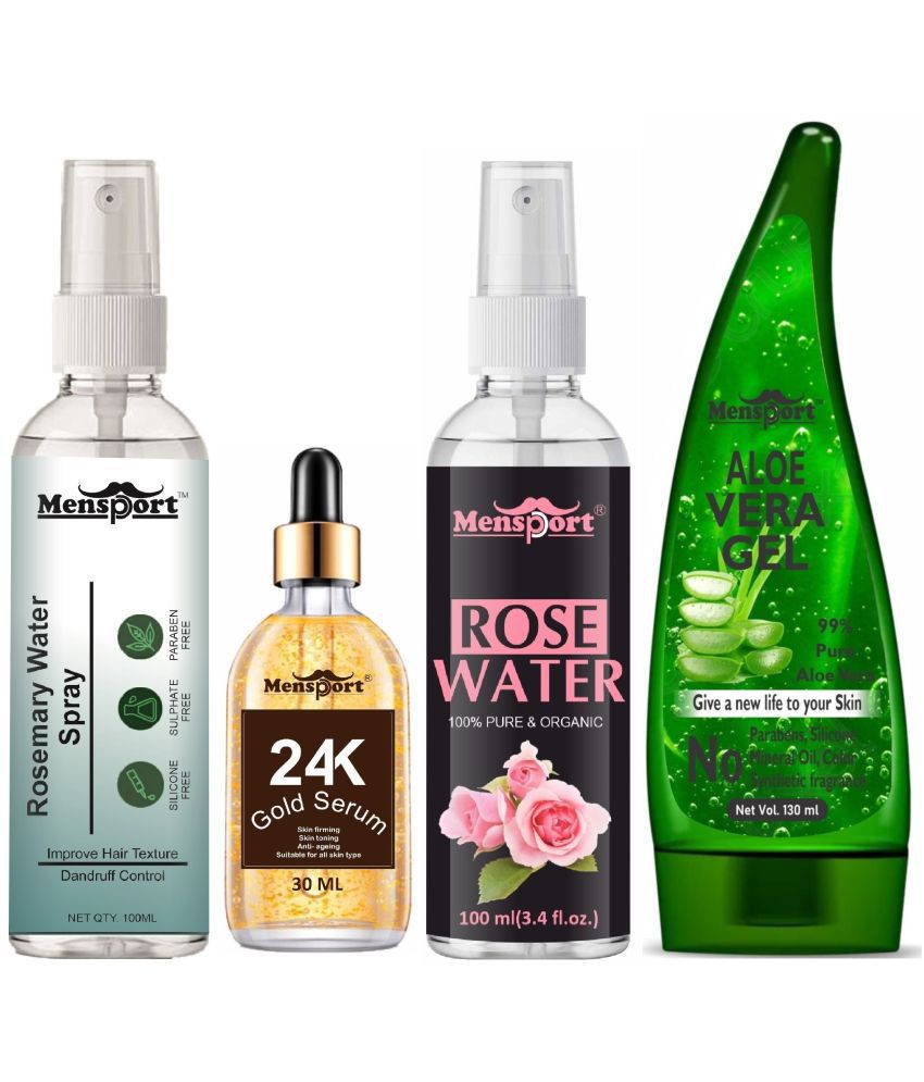     			Mensport Rosemary Water | Hair Spray For Hair Regrowth 100ml, 24K Gold Serum for Anti Ageing 30ml, Natural Rose Water 100ml & Natural Aloe Vera Gel 130ml - Set of 4 Items