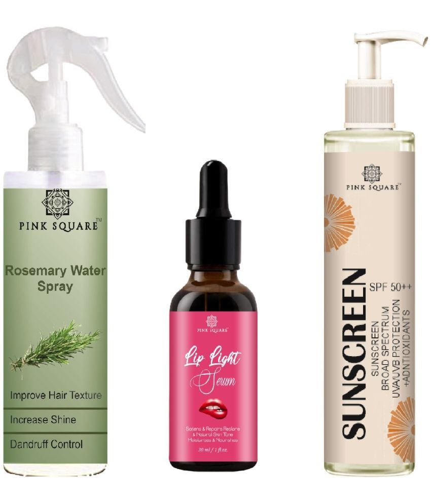     			Rosemary water Hair Spray for Hair Regrowth (100ml), Lip Light Serum for Softens Lips (30ml) & Sunscreen SPF 50 (100ml) Combo of 3