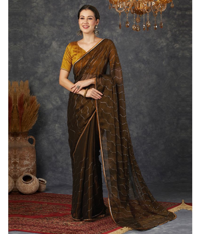     			Samah Chiffon Embellished Saree With Blouse Piece - Brown ( Pack of 1 )