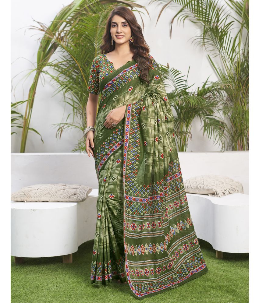     			Samah Cotton Printed Saree With Blouse Piece - Olive ( Pack of 1 )