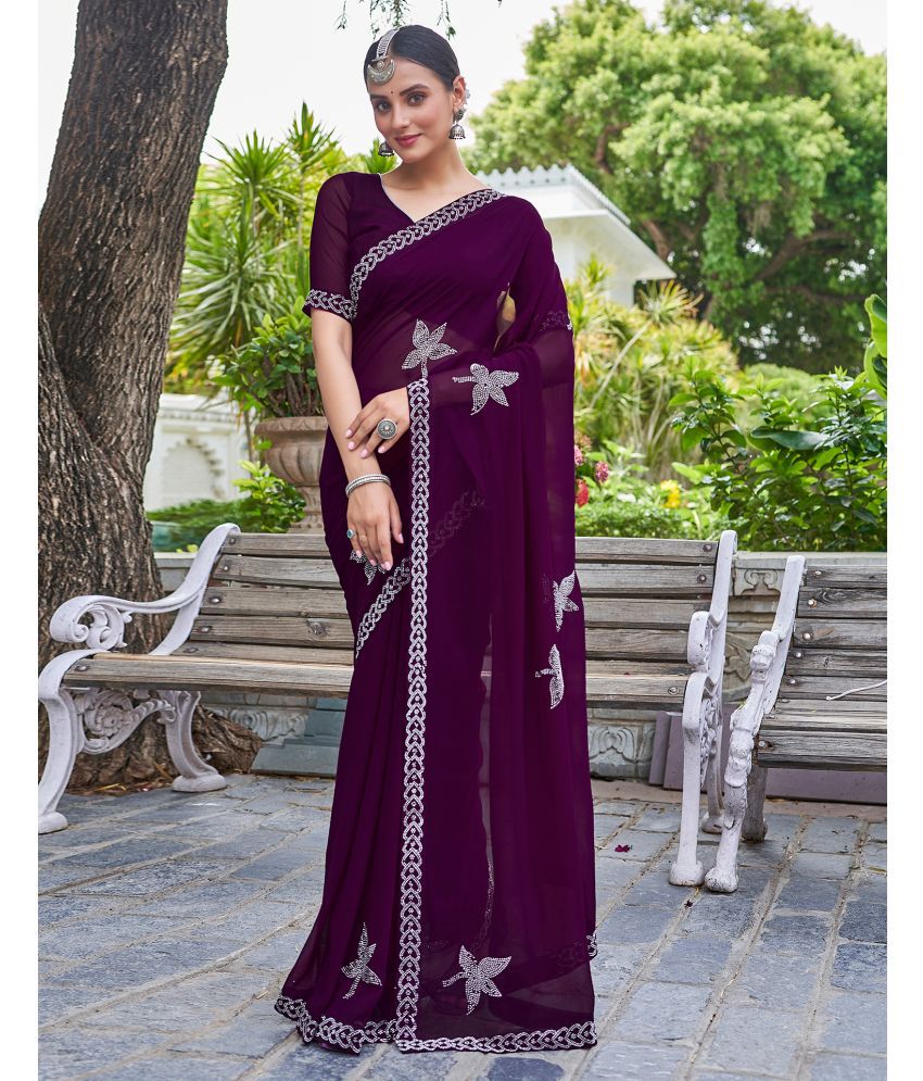     			Samah Georgette Embellished Saree With Blouse Piece - Purple ( Pack of 1 )