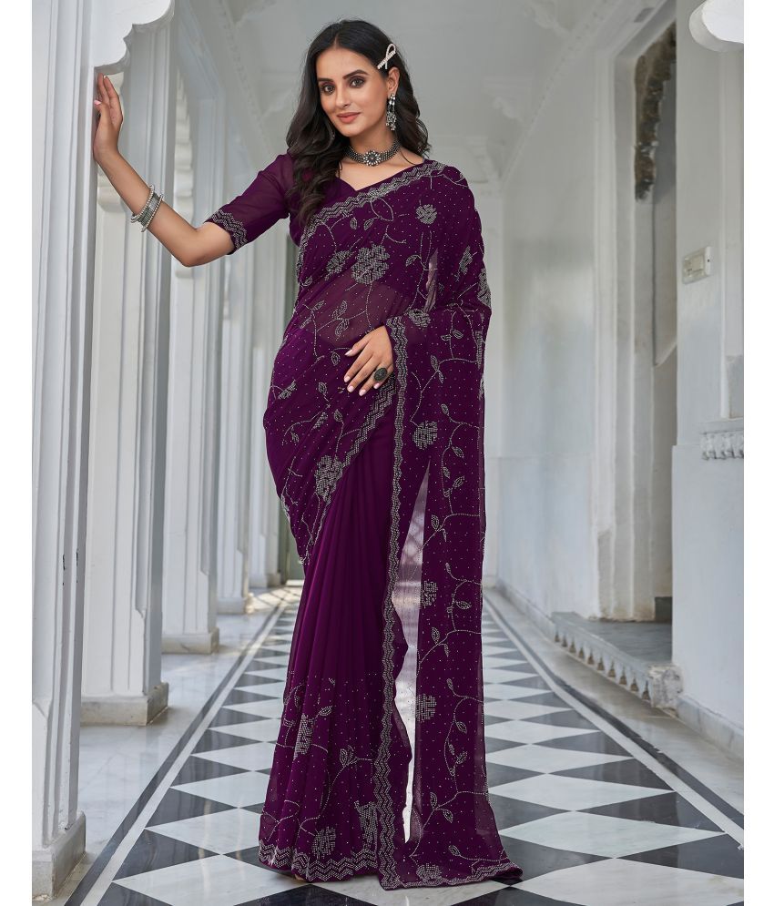     			Samah Georgette Embellished Saree With Blouse Piece - Purple ( Pack of 1 )