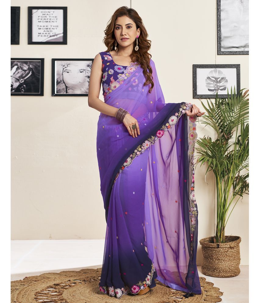     			Samah Georgette Embroidered Saree With Blouse Piece - Purple ( Pack of 1 )