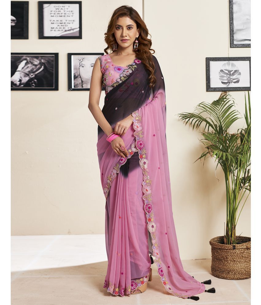     			Samah Georgette Embroidered Saree With Blouse Piece - Pink ( Pack of 1 )
