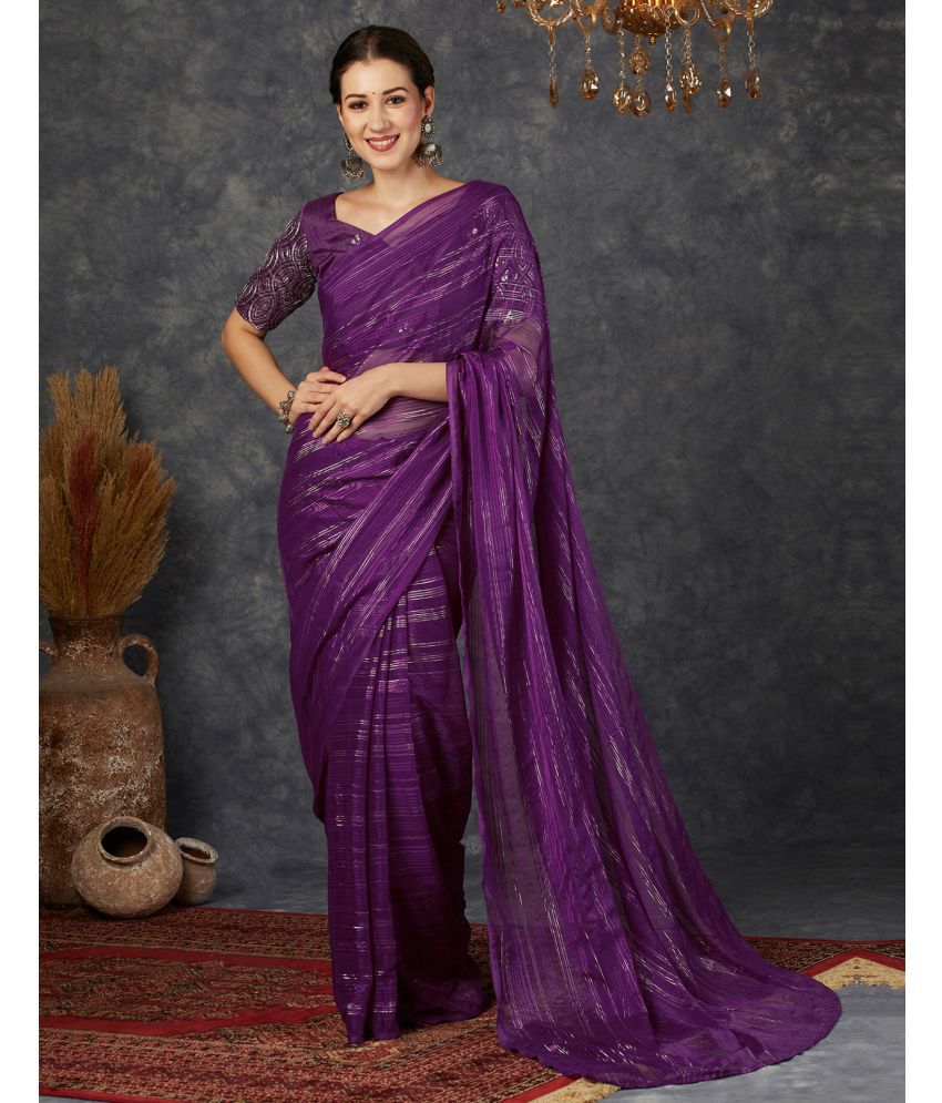     			Samah Georgette Striped Saree With Blouse Piece - Purple ( Pack of 1 )