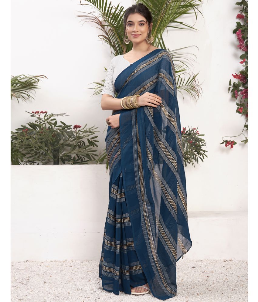     			Samah Georgette Striped Saree With Blouse Piece - Light Blue ( Pack of 1 )