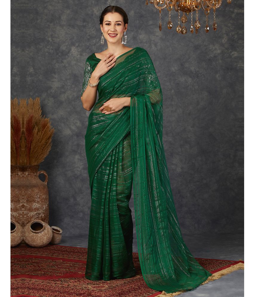     			Samah Georgette Striped Saree With Blouse Piece - Green ( Pack of 1 )
