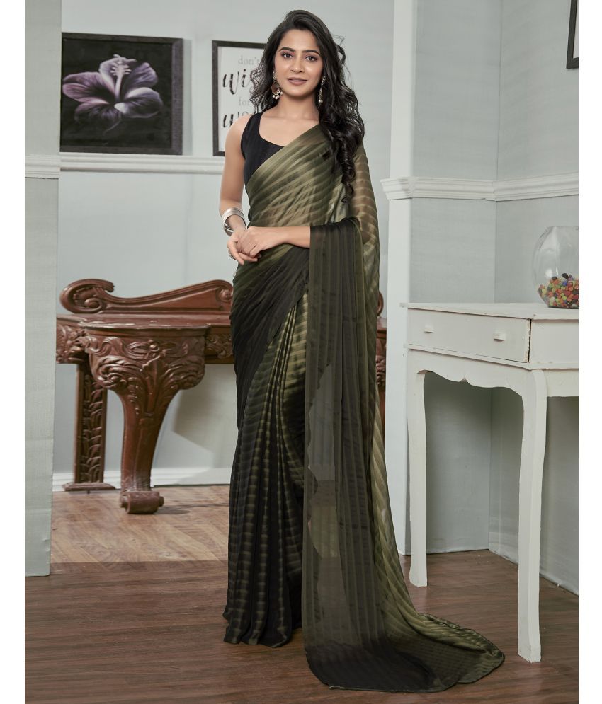     			Samah Georgette Striped Saree With Blouse Piece - Olive ( Pack of 1 )
