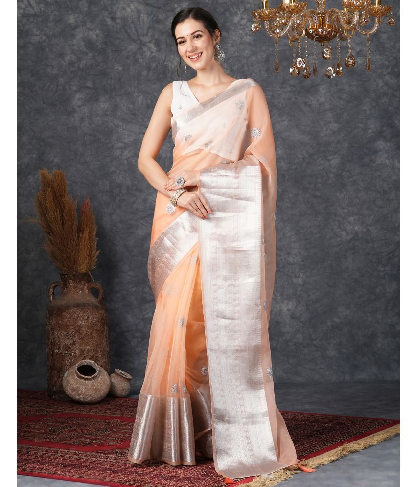     			Samah Organza Embroidered Saree With Blouse Piece - Peach ( Pack of 1 )