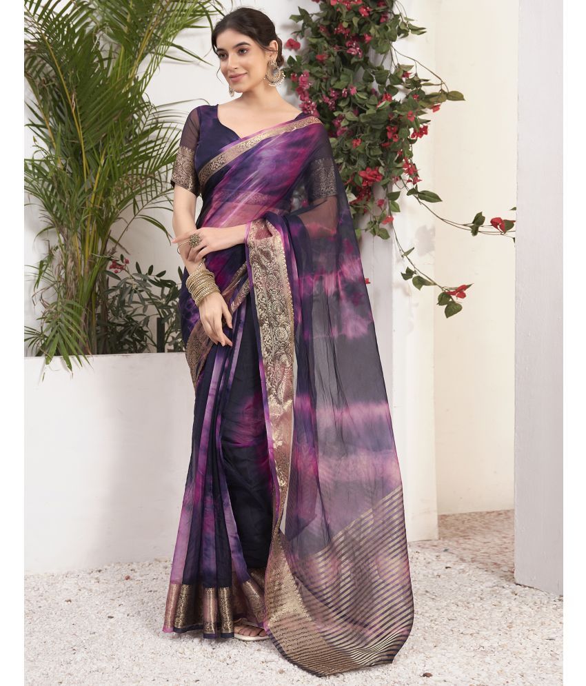     			Samah Organza Printed Saree With Blouse Piece - Purple ( Pack of 1 )