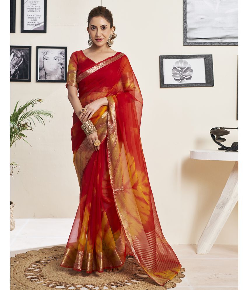     			Samah Organza Printed Saree With Blouse Piece - Red ( Pack of 1 )