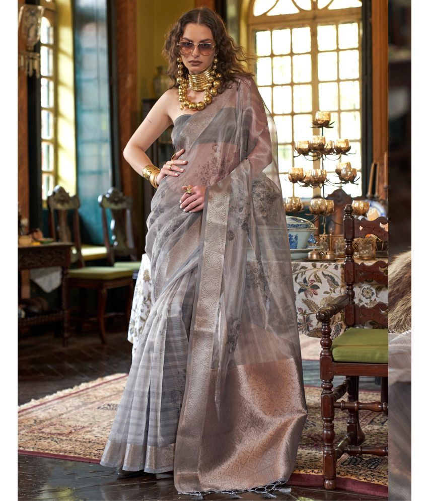     			Samah Organza Woven Saree With Blouse Piece - Grey ( Pack of 1 )