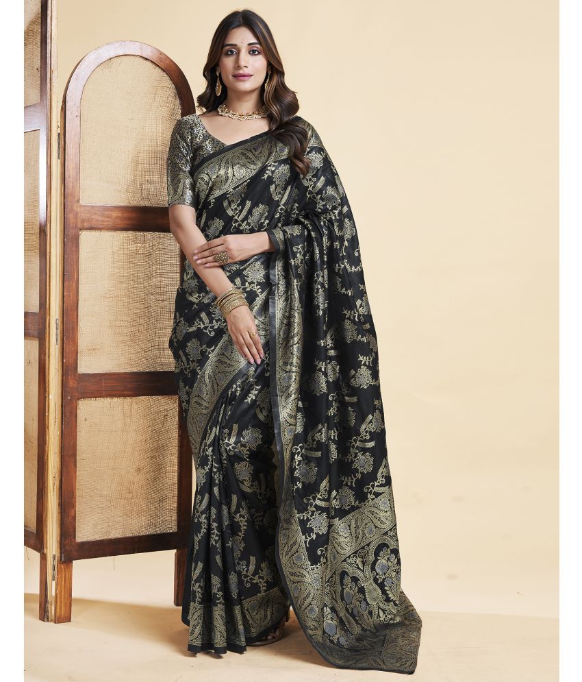     			Samah Silk Self Design Saree With Blouse Piece - Black ( Pack of 1 )