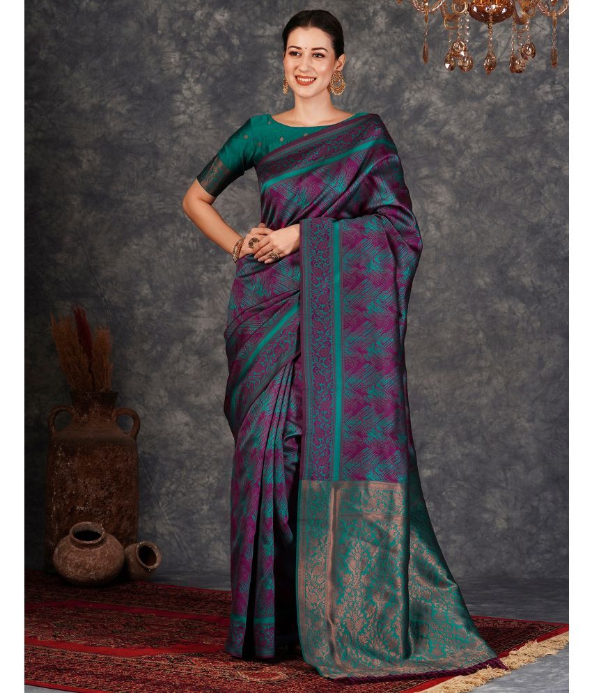     			Samah Silk Woven Saree With Blouse Piece - Teal ( Pack of 1 )