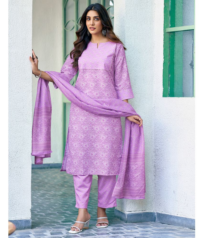     			Skylee Rayon Printed Kurti With Pants Women's Stitched Salwar Suit - Lavender ( Pack of 1 )