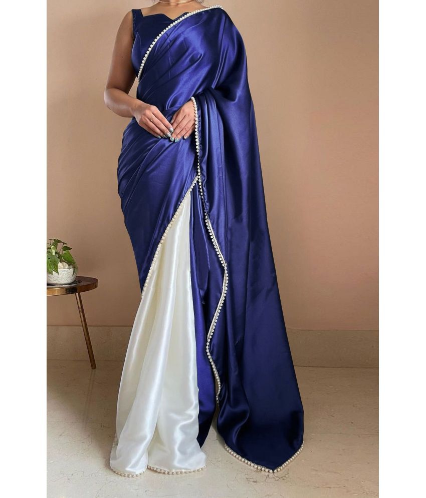     			A TO Z CART Satin Embellished Saree With Blouse Piece - Navy Blue ( Pack of 1 )