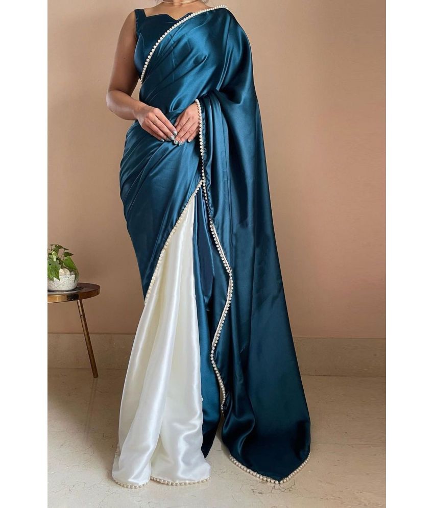     			A TO Z CART Satin Embellished Saree With Blouse Piece - Teal ( Pack of 1 )