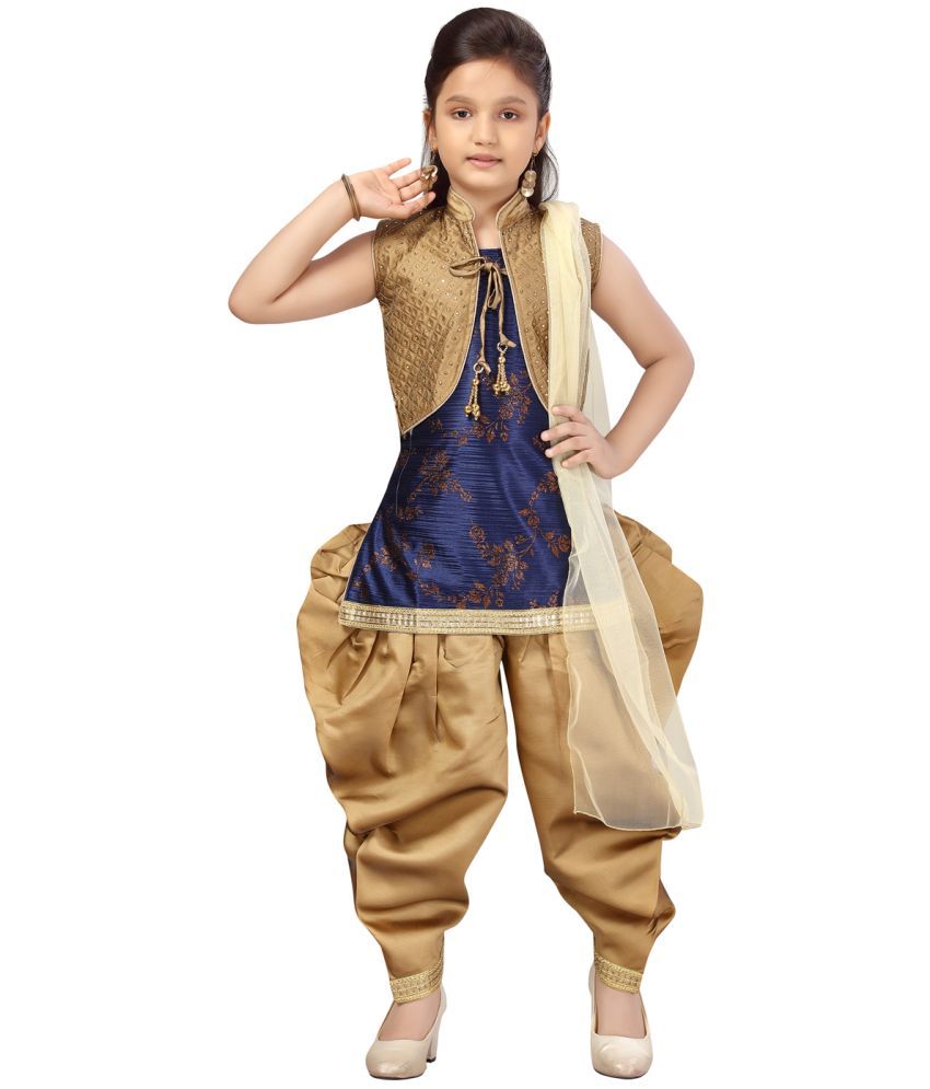     			Aarika Navy Blue Silk Girls Patiala Kurta Set ( Pack of 1 )