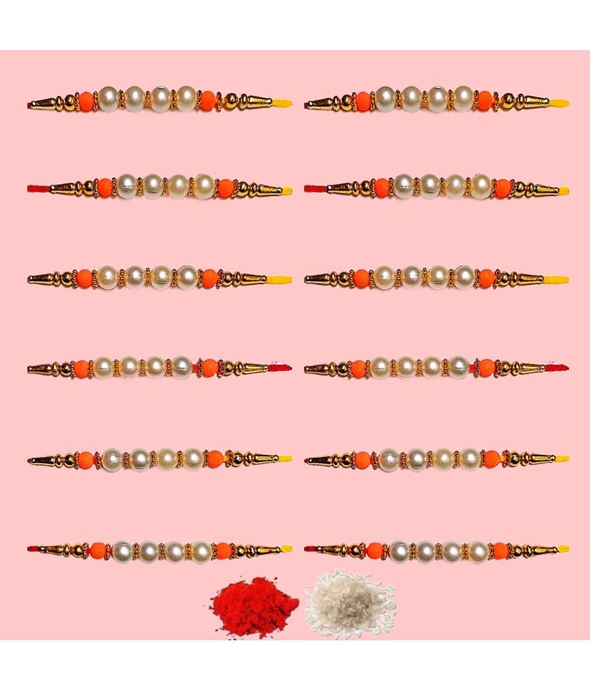     			DAYBETTER Bhaiya Bhabhi Rakhi Multicolour 12 Pice Combo Rakhis white stone with Roli Pack of 12