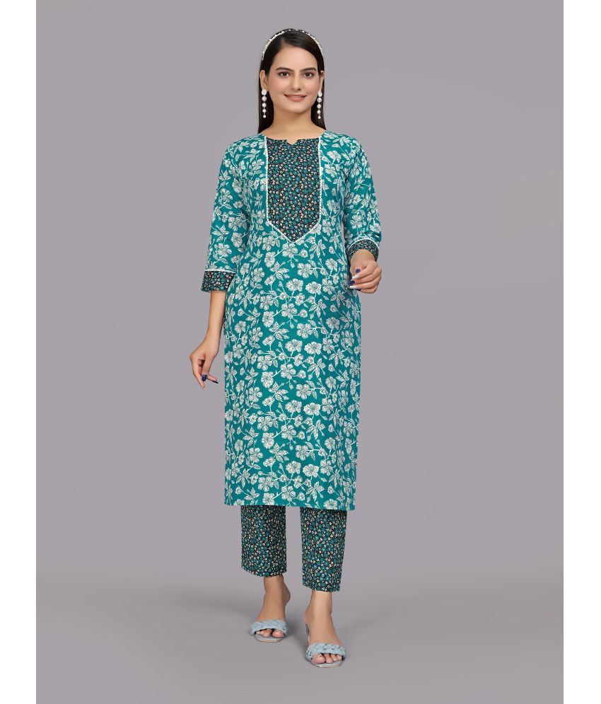     			Parnavi Cotton Printed Kurti With Pants Women's Stitched Salwar Suit - Teal ( Pack of 1 )