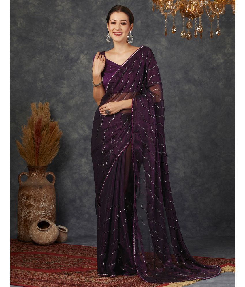     			Satrani Chiffon Embellished Saree With Blouse Piece - Purple ( Pack of 1 )