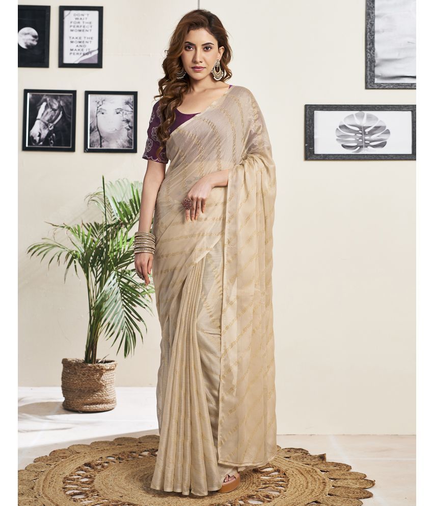     			Satrani Chiffon Striped Saree With Blouse Piece - Beige ( Pack of 1 )