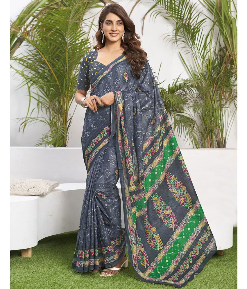     			Satrani Cotton Printed Saree With Blouse Piece - Grey ( Pack of 1 )