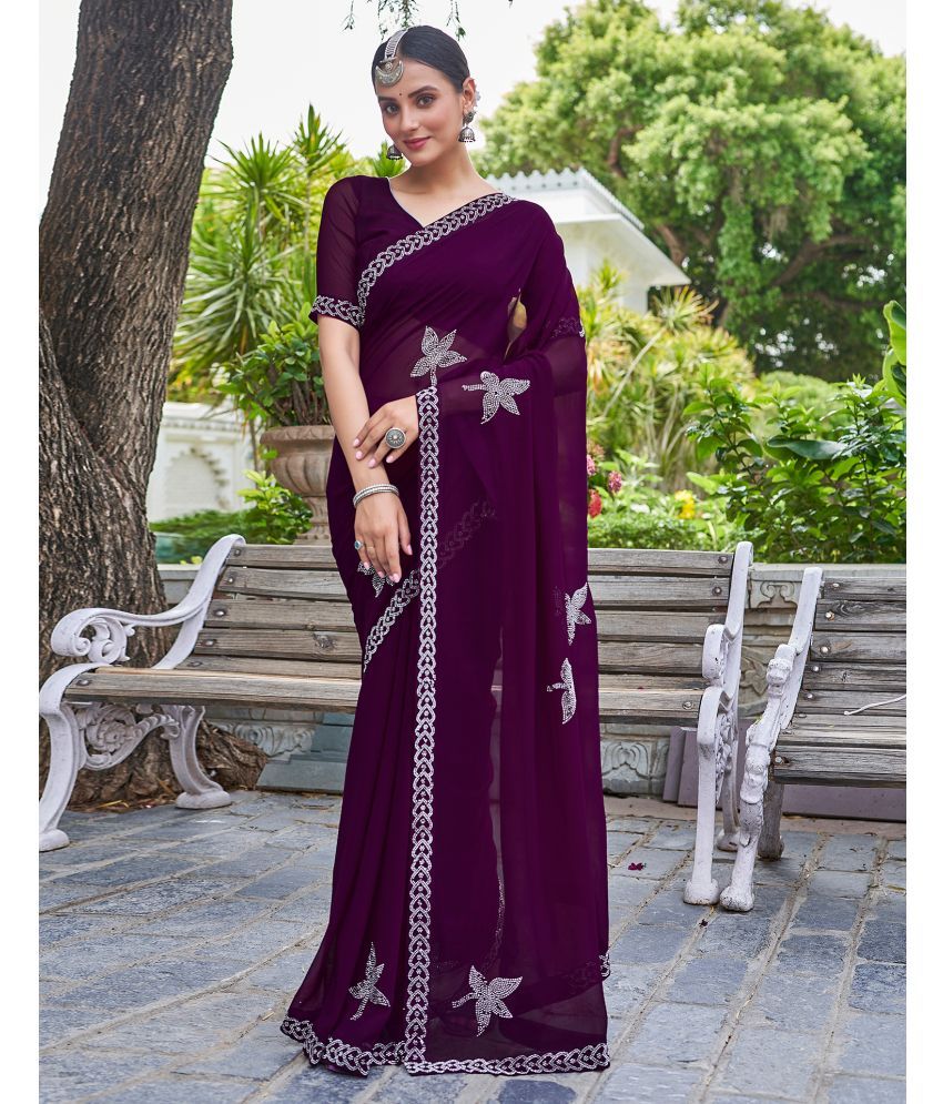     			Satrani Georgette Embellished Saree With Blouse Piece - Purple ( Pack of 1 )