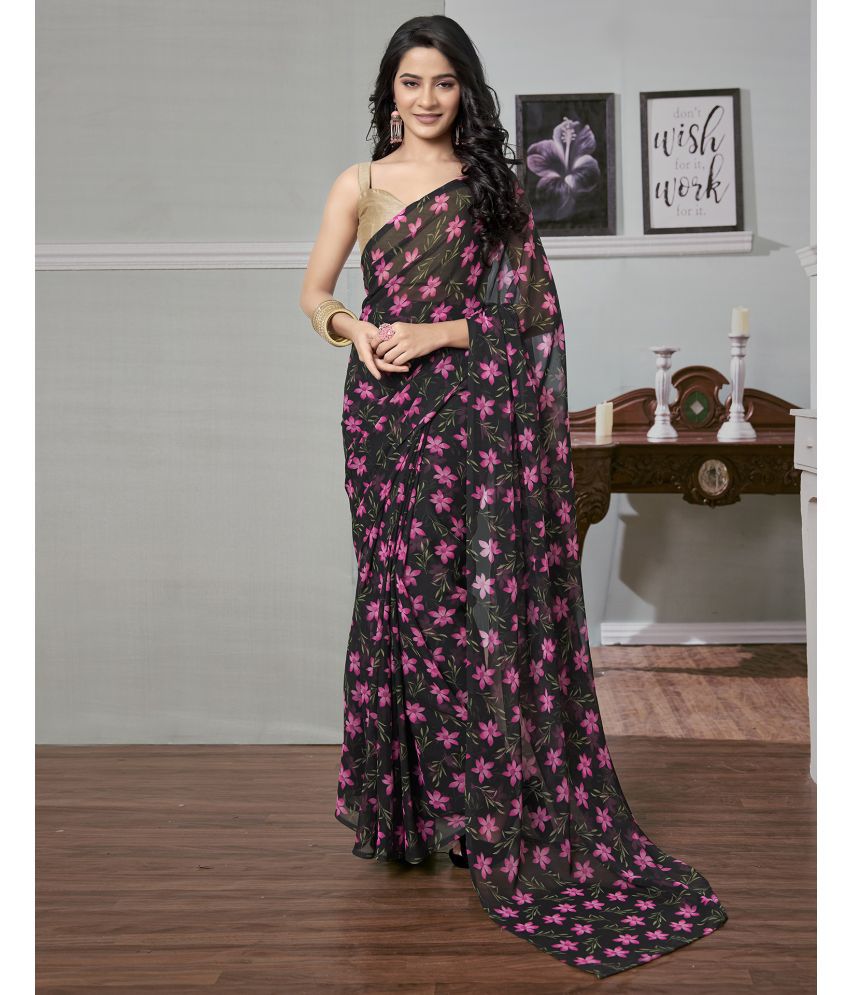     			Satrani Georgette Printed Saree With Blouse Piece - Black ( Pack of 1 )