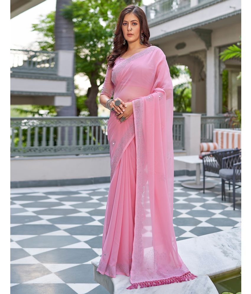     			Satrani Georgette Solid Saree With Blouse Piece - Pink ( Pack of 1 )