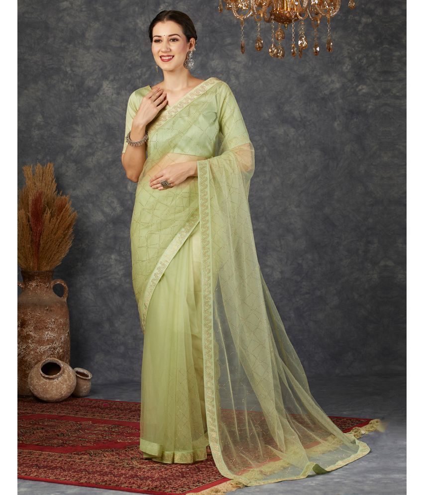     			Satrani Net Embellished Saree With Blouse Piece - Light Green ( Pack of 1 )