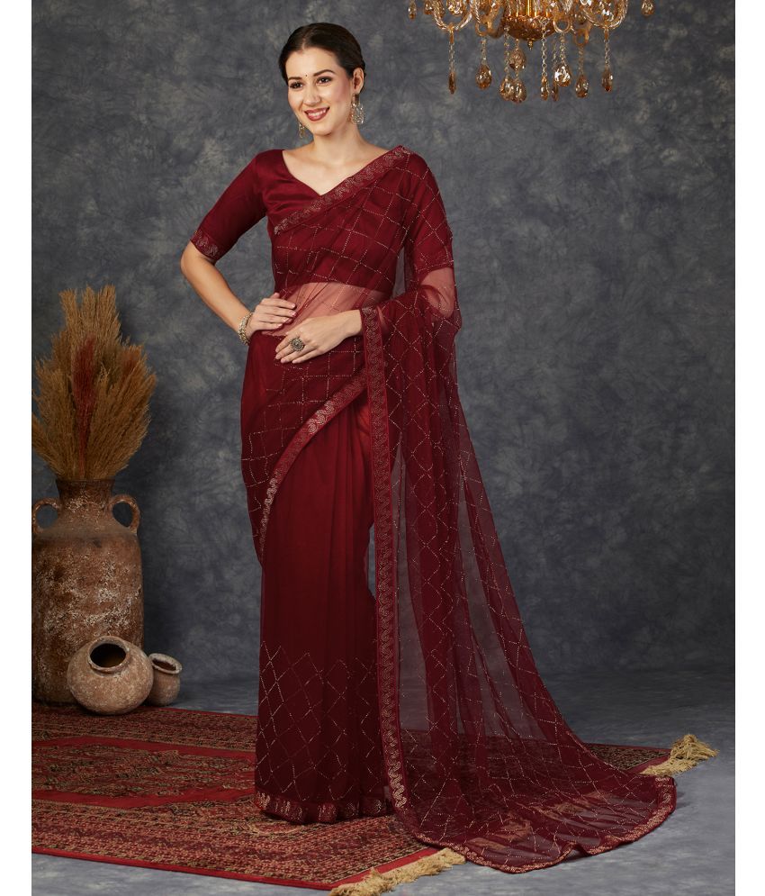     			Satrani Net Embellished Saree With Blouse Piece - Red ( Pack of 1 )