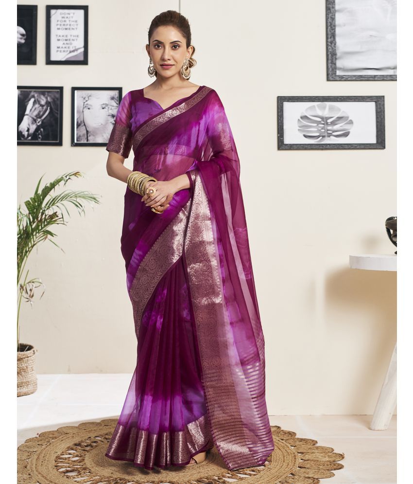     			Satrani Organza Printed Saree With Blouse Piece - Wine ( Pack of 1 )