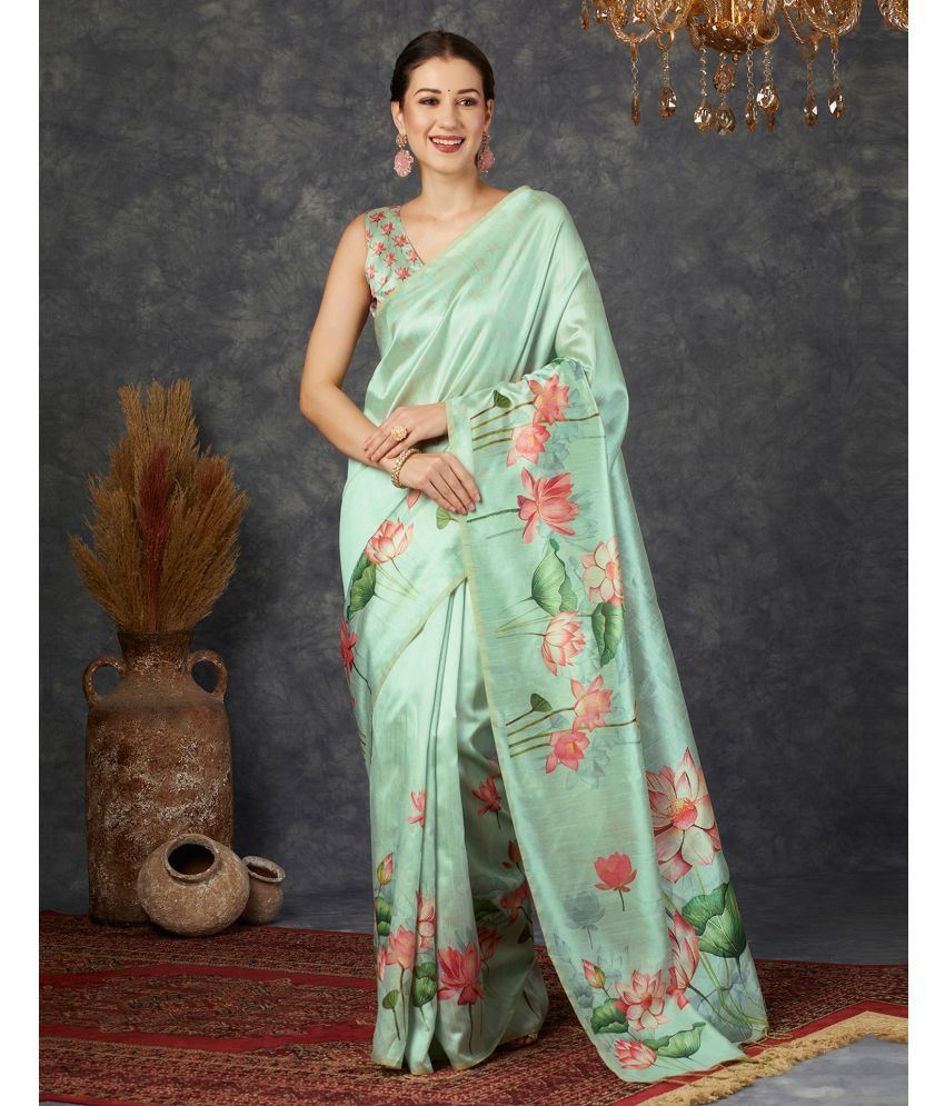     			Satrani Silk Blend Printed Saree With Blouse Piece - Green ( Pack of 1 )